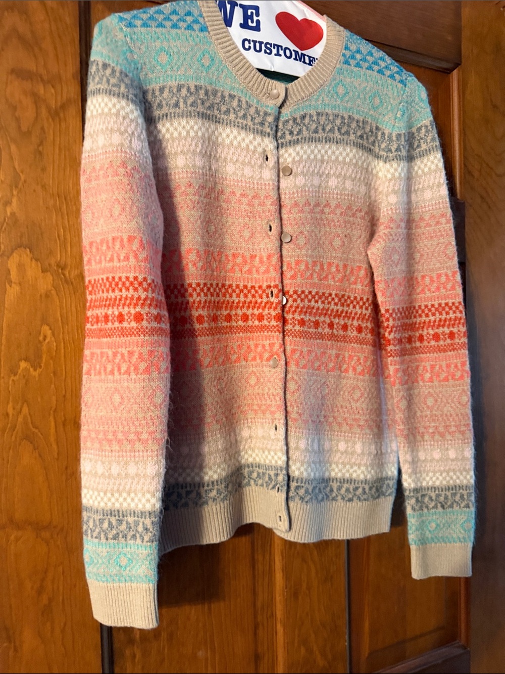 Talbots Cream Cardigan with Coral, Aqua & Gray Fair Isle Stripes